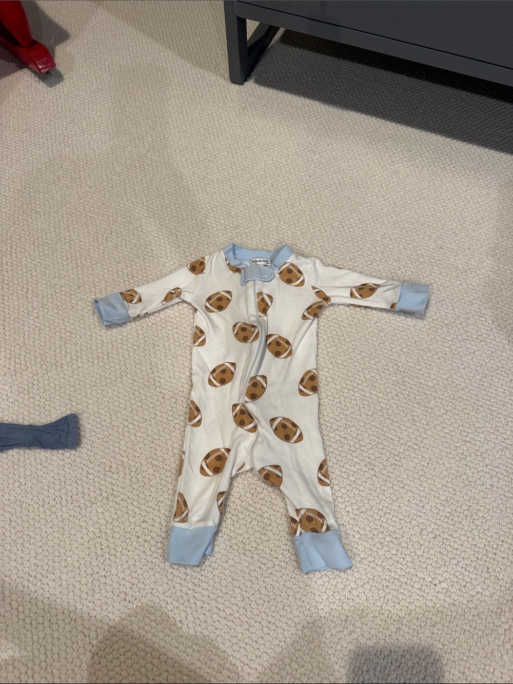 Baby Football-Print One-Piece Pajamas in Cream and Light Blue